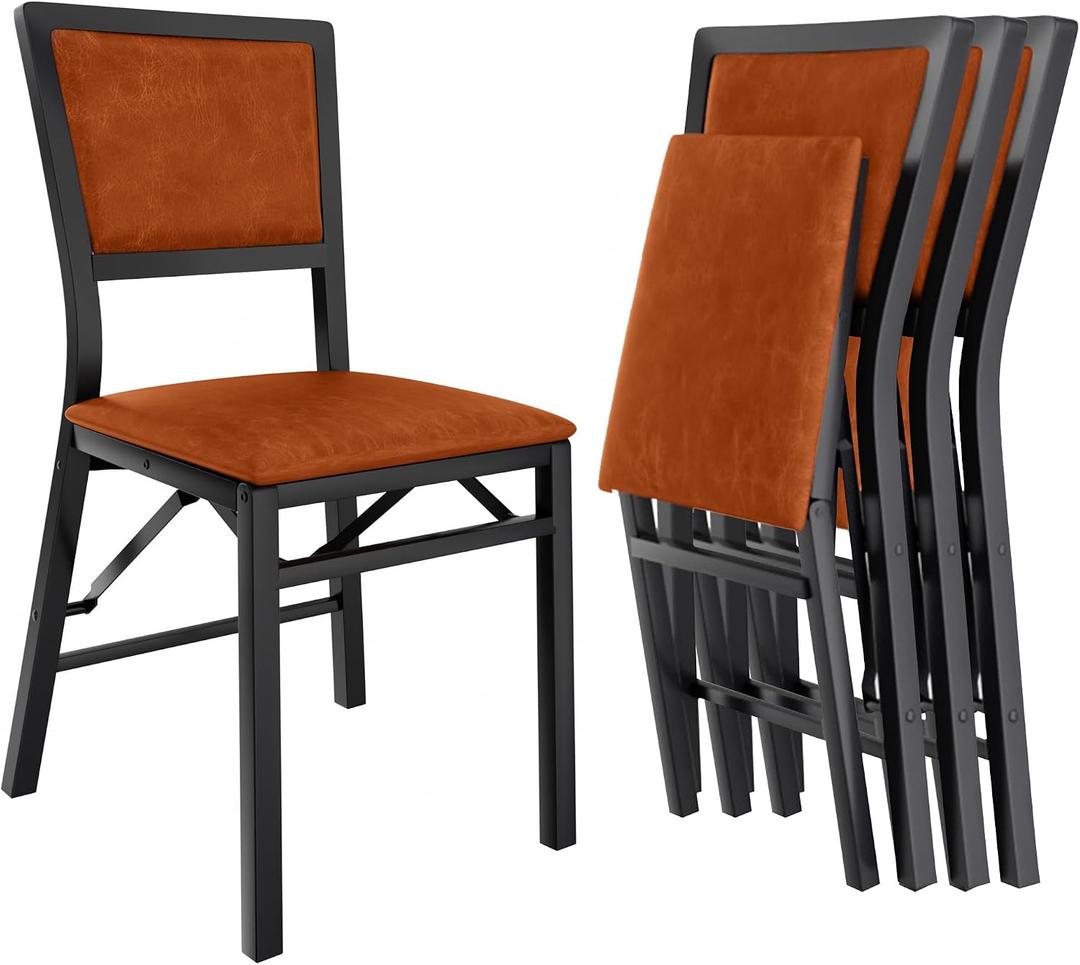 VECELO Folding Dining Chairs Set of 4, Metal Padded Foldable Seating with Comfortable Faux Leather, Space-Saving Portable Guest Seats for Kitchen & Office, No Assembly, Cognac Brown, 4 Pack
