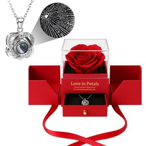 Preserved Red Real Rose with Heart I Love You Necklace - Gifts for Mothers Day, Christmas, Birthday Gifts for Women- Long Lasting Forever Flowers Best Presents for Women (red)