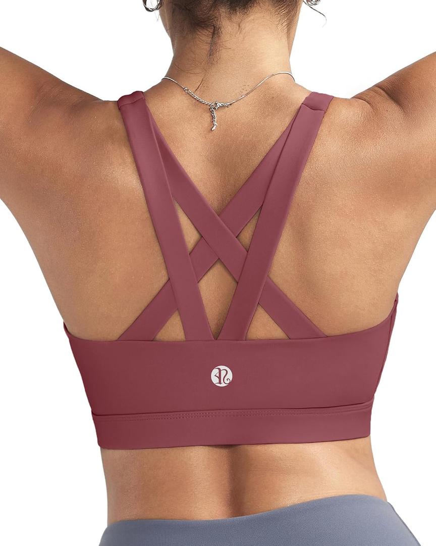 RUNNING GIRL Sports Bra for Women, Criss-Cross Back Padded Strappy Sports Bras Medium Support Yoga Bra with Removable Cups(2575_Rose Red_M)
