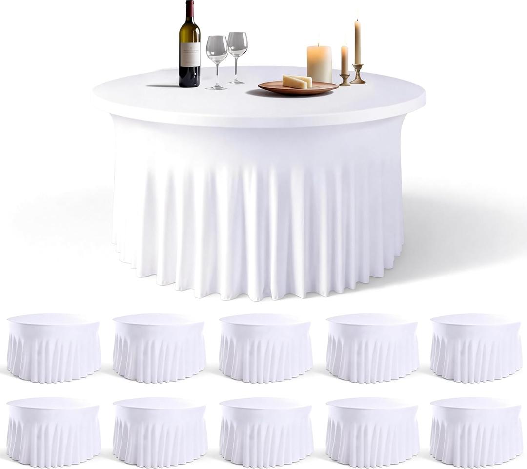 WJWHQ 10 Pack White Round Spandex Tablecloths for 60in Tables, 120Inch Stretchy Fitted 5FT Round Table Clothes,Wrinkle Free Table Cover with Skirt for Wedding Party Dining Banquet