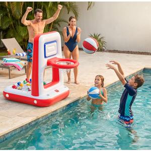 QPAU Pool Basketball Hoop with Built-in Cooler, 42" Poolside & Floating Inflatable Basketball Hoop for Family Pool Party Swimming Pool Games for Kids & Adults, Includes 2 Balls & Pumps