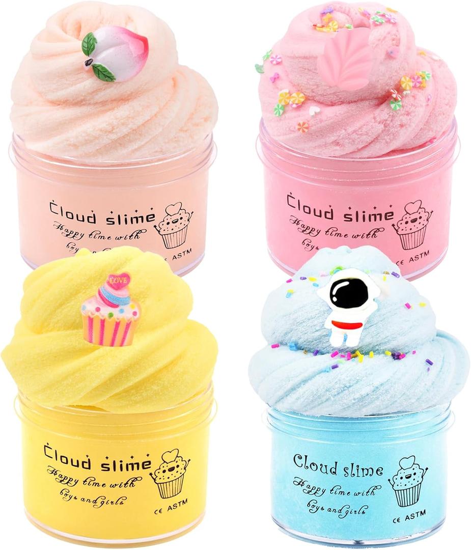 4 Pack Cloud Slime Kit, Soft and Non-Sticky, Girls and Boys DIY Stress Relief Toy, for Kids Party Favor, Birthday Gift