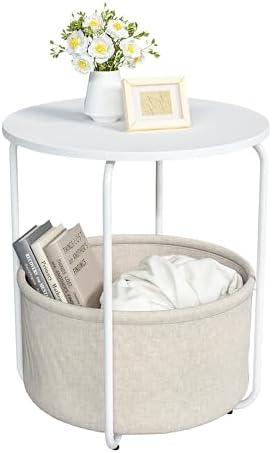 Matoresu Round End Table, Side Table for Living Room, Small Bedside Table for Small Spaces, Modern White Nightstand for Bedroom Nursery with Fabric Storage Basket