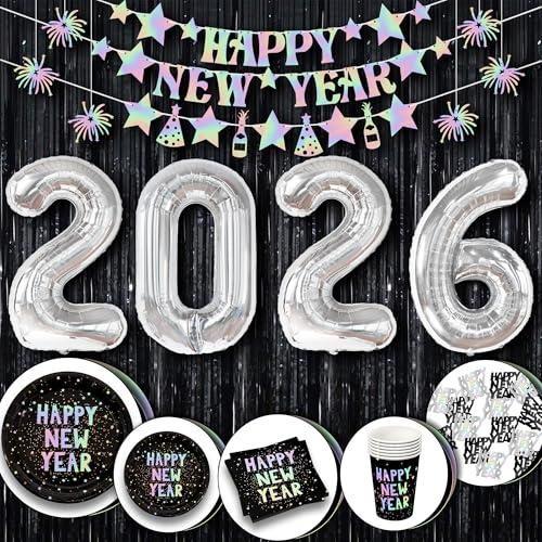KatchOn, New Years Eve Party Supplies 2026 Silver - Pack of 11 | Happy New Year Decorations Kit | Garland, Confitti, Plates,2026 Balloons, Banner for NYE Decorations 2026 | Great NYE Decorations Pack