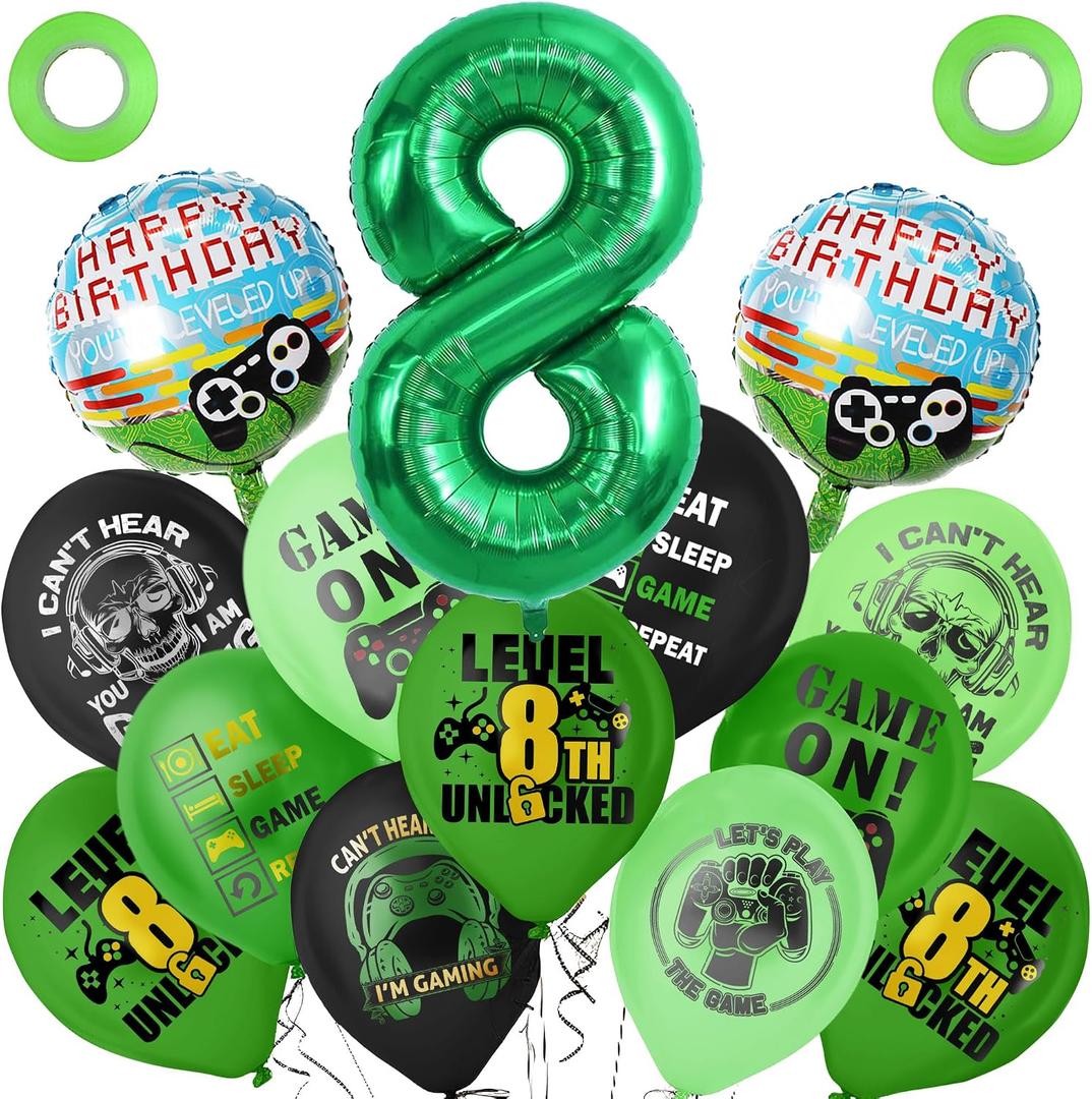 4 x Green 8th Video Game Birthday Party Decoration Balloons Game on Party Supplies Set Include Happy Birthday Banner Foil Balloon Latex Balloon Ideal for Kids Boys Party Room Activities Decor