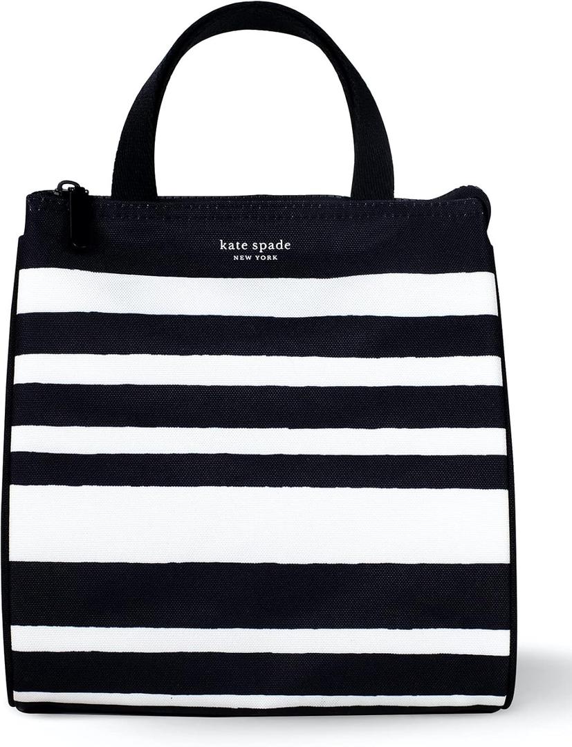 Kate Spade New York Black Portable Soft Cooler Lunch Bag, Thermal Tote with Silver Insulated Interior Lining and Storage Pocket, Sarah Stripe (One Size)