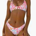ZAFUL Women's Tie Back Padded High Cut Bralette Bikini Set Two Piece Swimsuit L, Color: 1-floral Orange Pink