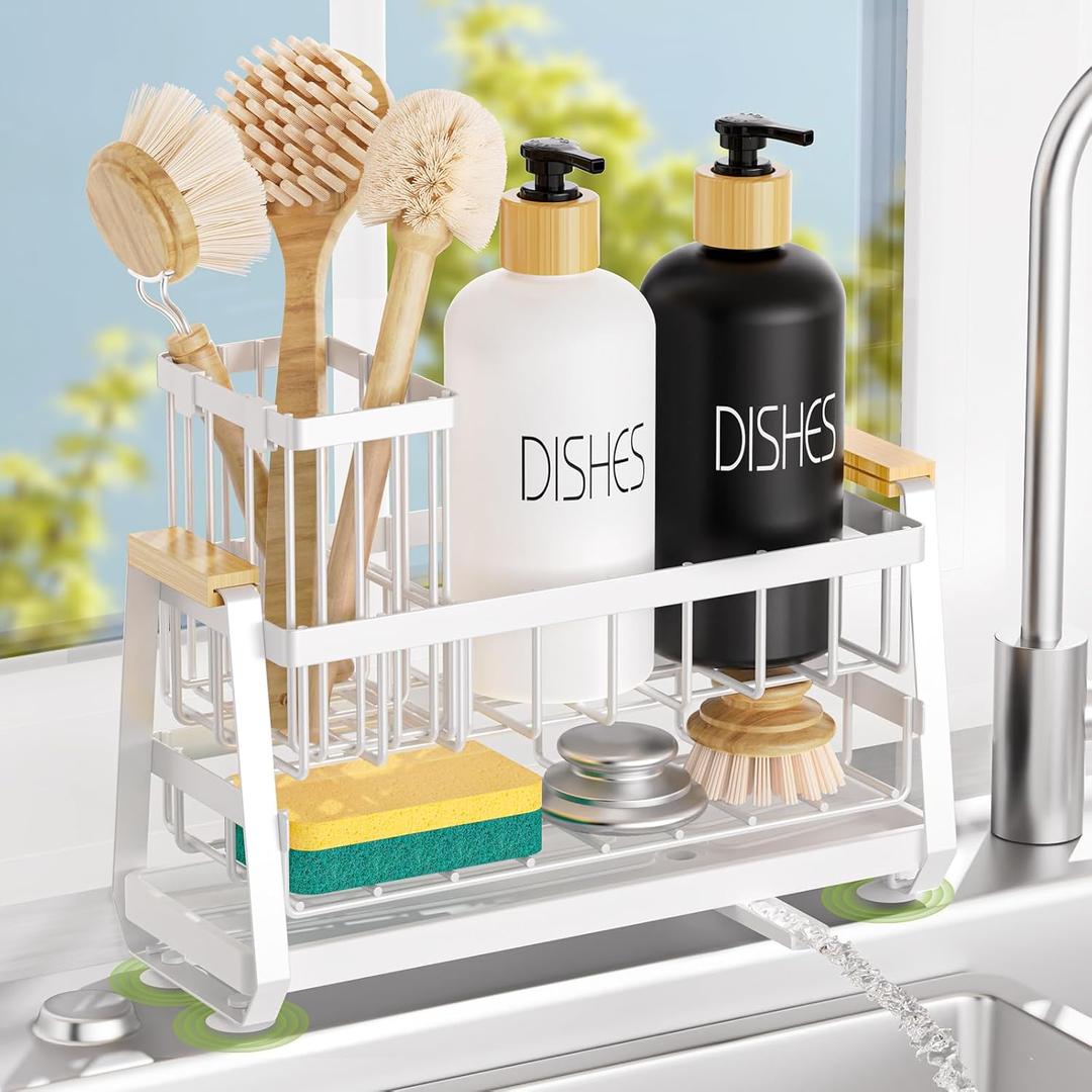 Sponge Holder for Kitchen Sink, Kitchen Sink Caddy with Suction Cup, Sink Organizer Rack for Kitchen Accessories, 304 Stainless Steel Dish Scrubber Holder Self Draining for Sponge, Soap, Dish Brush (White)