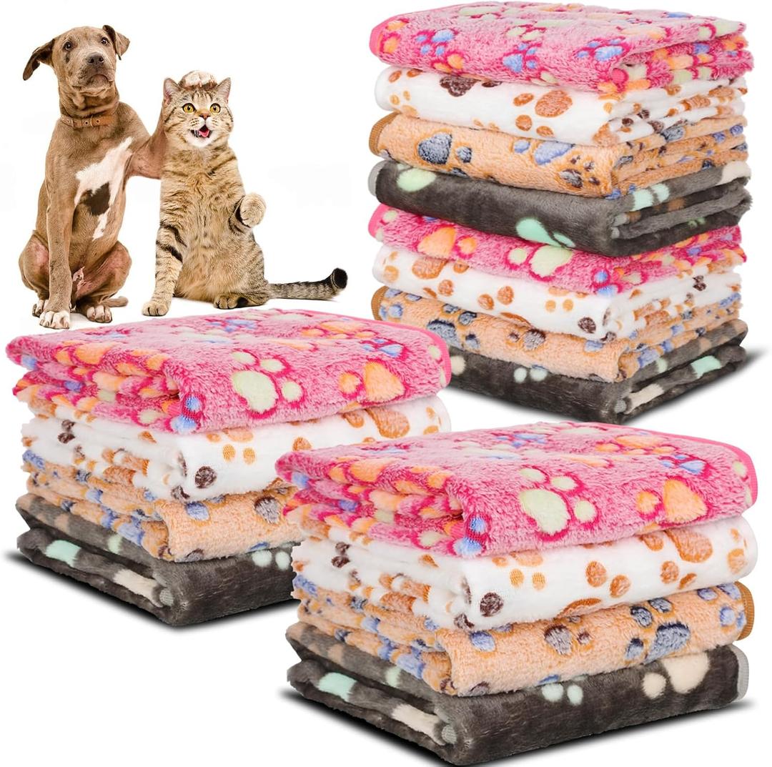 12 Pcs Small Dog Blanket Fleece Puppy Blankets Washable Pet Blankets for Cats Soft Flannel Paw Printed Throw for Guinea Pig Indoor Kittens Doggie (23 X 16 Inch, White, Dark Gray, Pink, Camel)