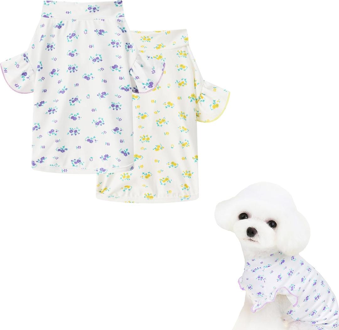 2Pcs Floral Shirt for Small Dog Girl Puppy & Cat - Cute, Soft, Lightweight, Breathable Purple & Yellow, XL (X-Large (12-15 lbs))