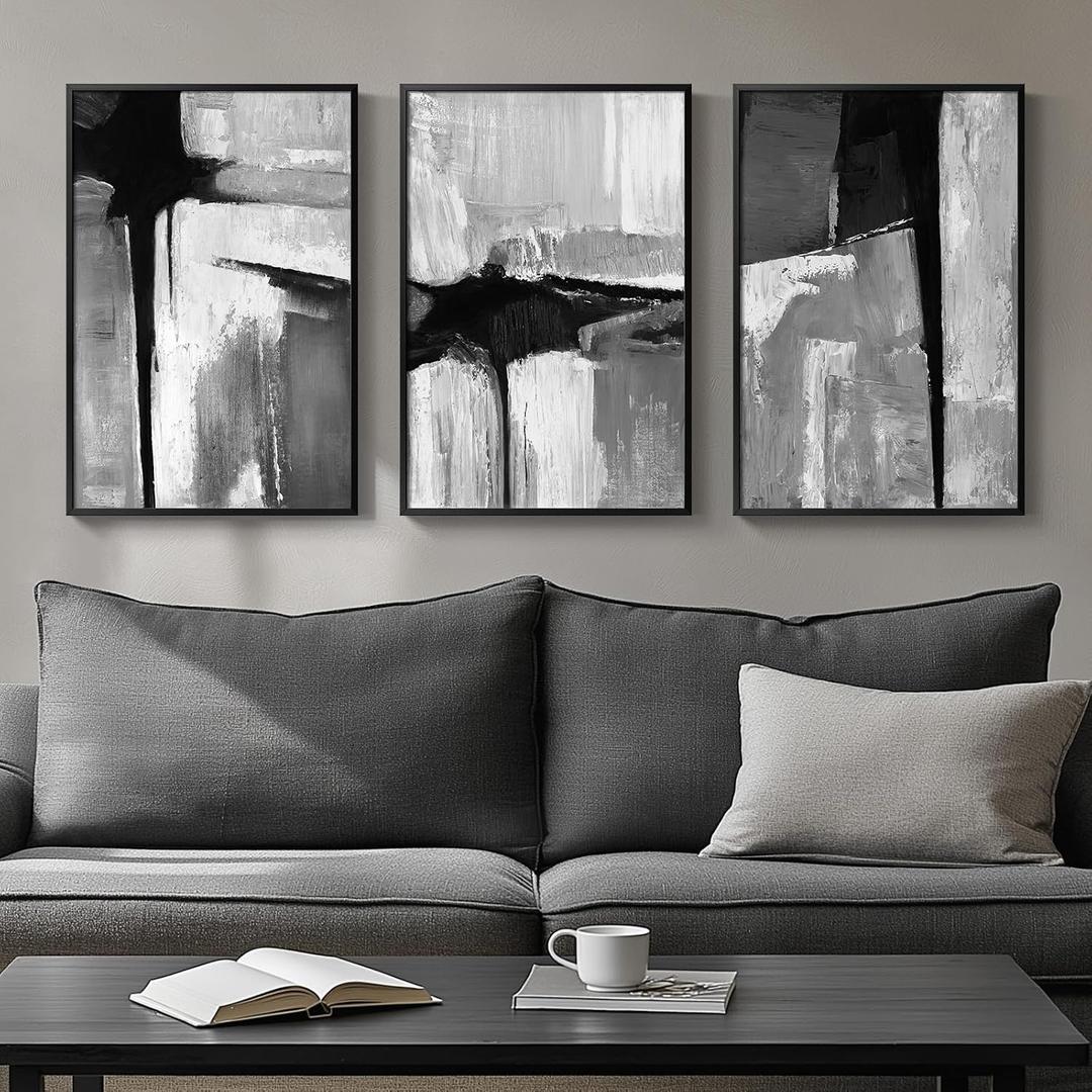 Framed Black White Gray Abstract Wall Art, 3 Piece Canvas Prints 16x24 In, Size: 16" W x 24" H x 3Pcs