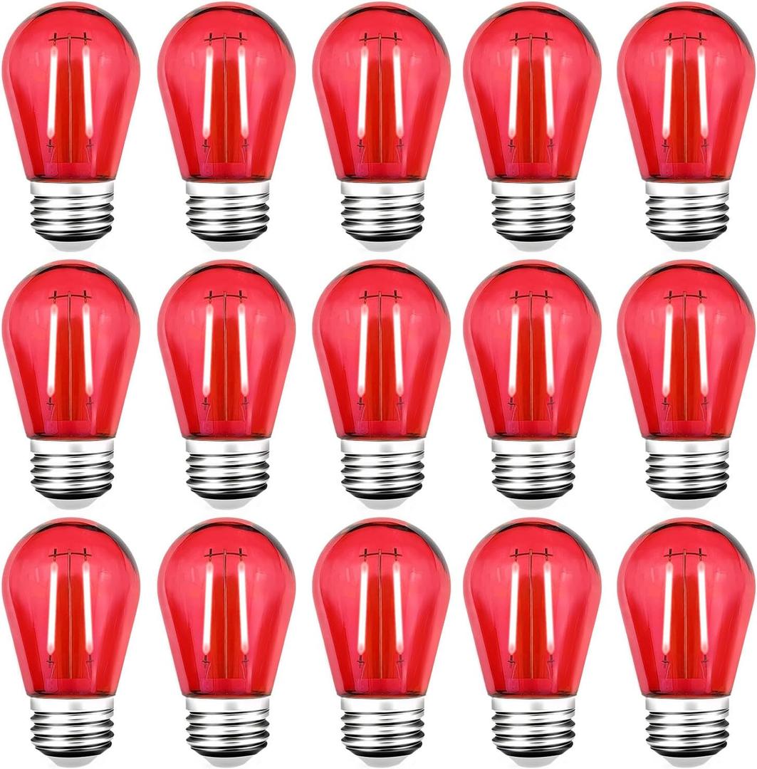 15 Pack S14 LED Red String Light Bulbs, Shatterproof 2 Watt Replacement Bulbs for Outdoor String Light, Waterproof Decorative E26 Base Red Filament Edison Christmas Light Bulbs, 120V