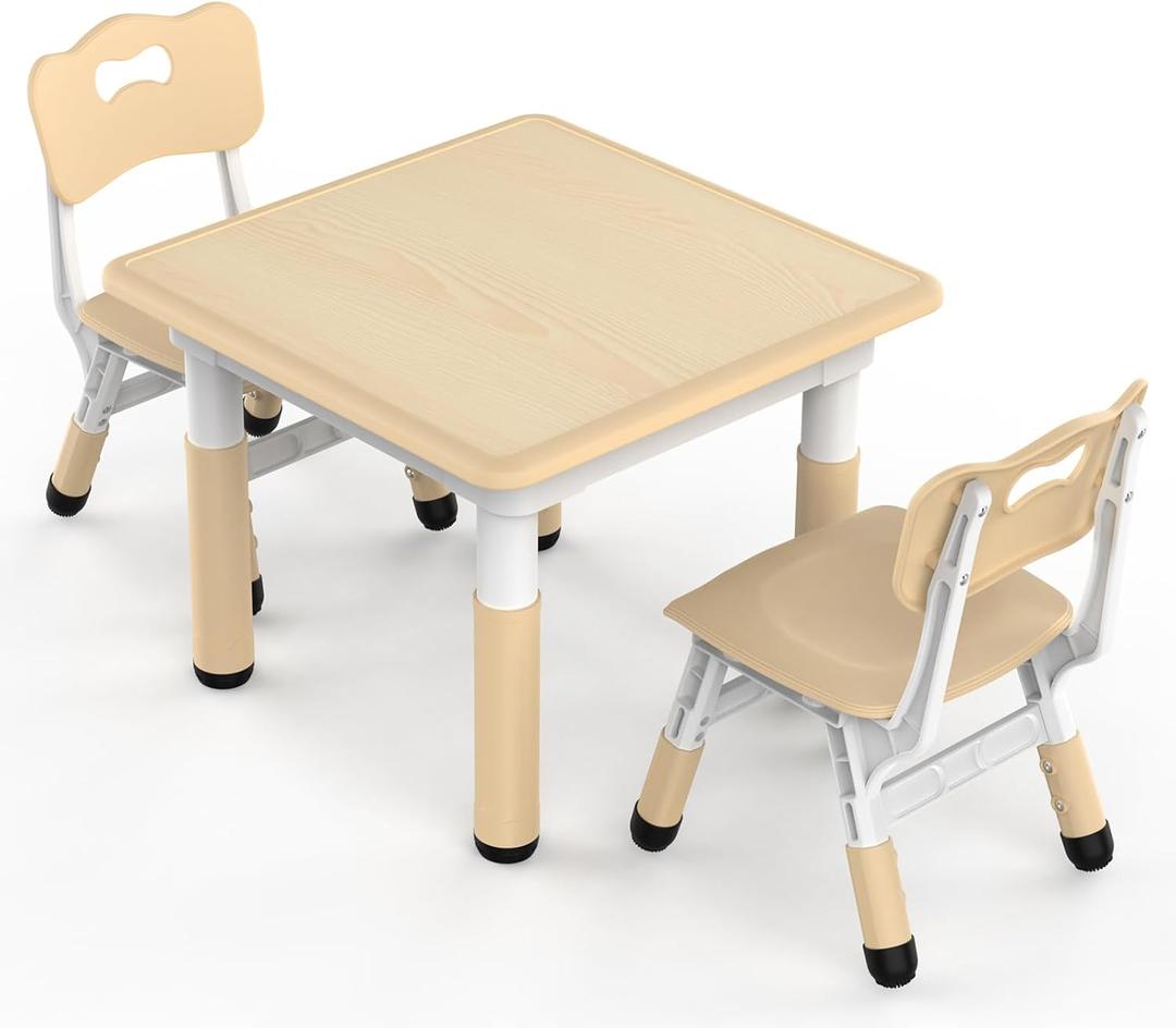 HLPB Kids Table and 2 Chairs Set, Adjustable Height Graffiti Toddler Table | Non-Slip Legs, Children Multi-Activity Table for Ages 2-8, Max 300lbs, Classroom/Daycare/Home, 23.6''L x 23.6''W