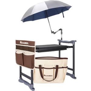 Garden Kneeler and Seat with Umbrella, 2-in-1 Foldable Gardening Stool with Adjustable Bracket, Detachable Tool Bags, Heavy Duty Kneeling Pad for Gardening (Brown)