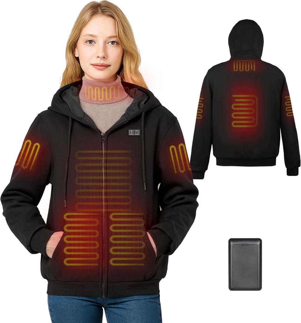 Heated Hoodie for Women with Fleece Lining 7.4V 16000mAh Battery Women Heated Sweatshirt with Dual-Zone Heating (US, Alpha, Large, Regular, Regular) Dark Black
