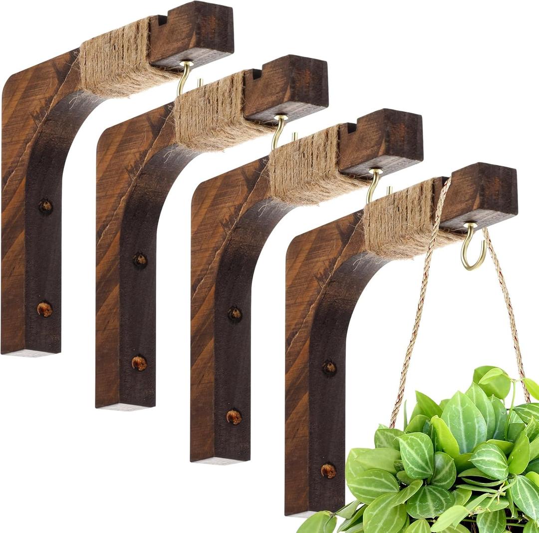 Geelin 4 Pack Wooden Plant Hanger for Wall Mounted Plant Hooks Outdoor Indoor Hanging 6 Inch Farmhouse Hanging Basket Hooks for Garden Home Wall Decoration, L x H x T: 6 x 5 x 0.8inch(Walnut)
