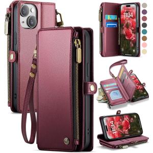 Defencase Compatible with iPhone 14 Case Wallet with RFID Blocking Card Holder for Women and Men, Fashion PU Leather Magnetic Snap Flip Zipper Strap Wallet Phone Case Fit for iPhone 14 6.1", Wine Red
