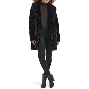 Kenneth Cole Women's Plush Grooved Faux Mink Coat With Shawl Collar (Black)