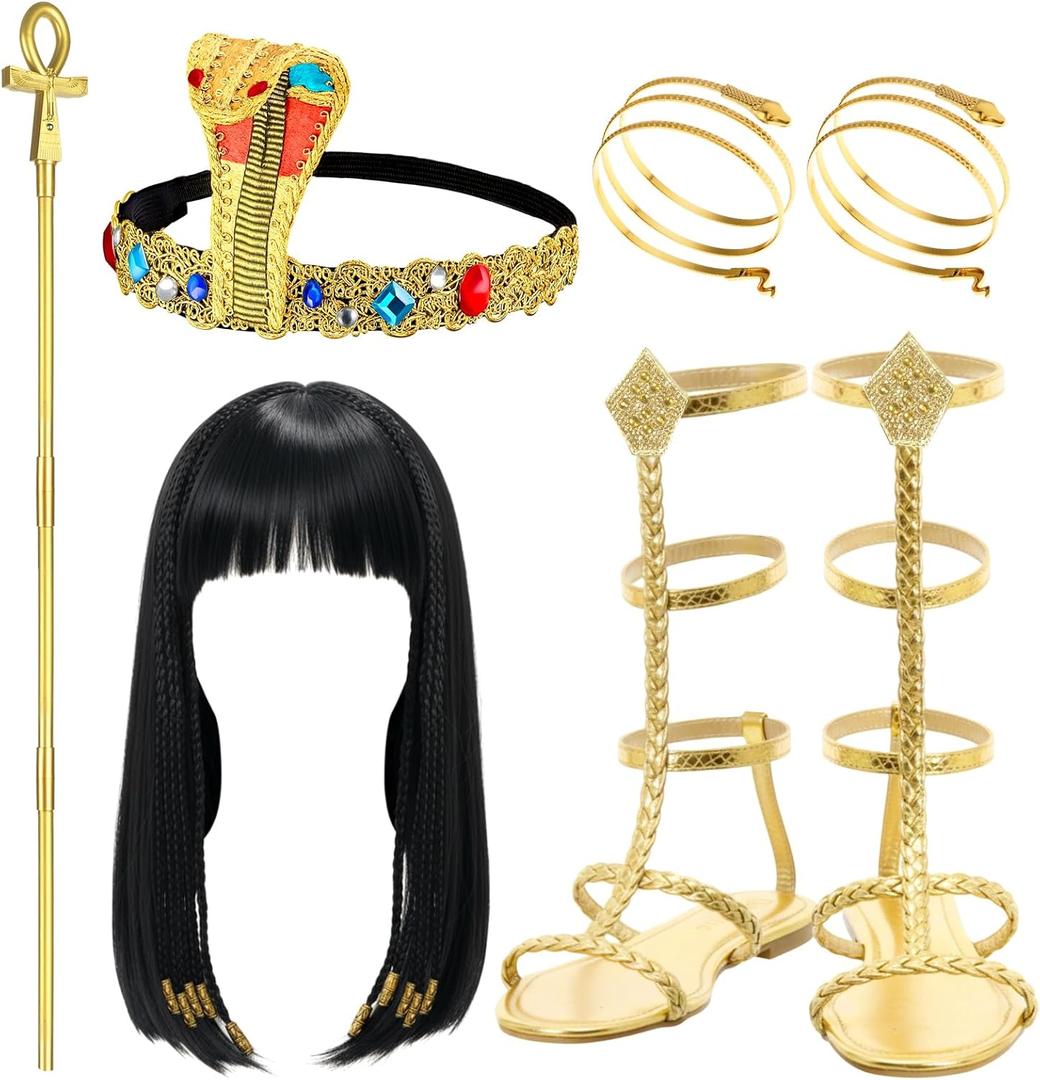 Unittype Cleopatra Costume Accessories Including Egyptian Headpiece Swirl Snake Bracelets Braided Wig Sandals for Women (10)