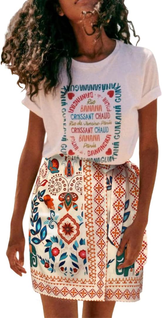 Womens Summer Floral Wrap Short Skirt Tie Side High Waist A Line Beach Vacation Boho Mini Skirt, M