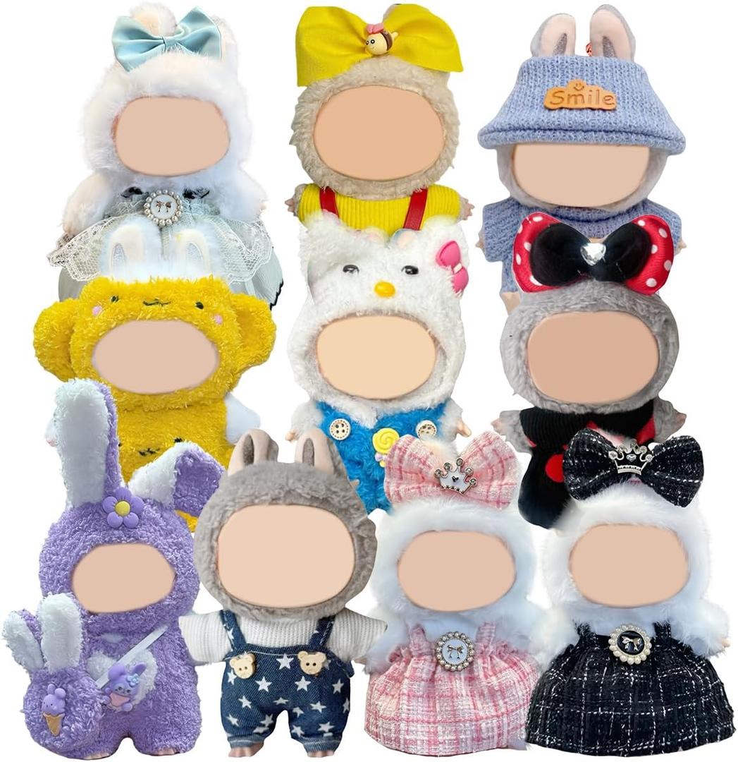 10 Pack Compatible for Labubu Clothes, 17cm Doll Clothes Cute Outfits Stylish Accessories Designer Hat Dress Shirt Set Compatible for Labubu Birthday Party Decoration Gift (Adorable, 17cm)