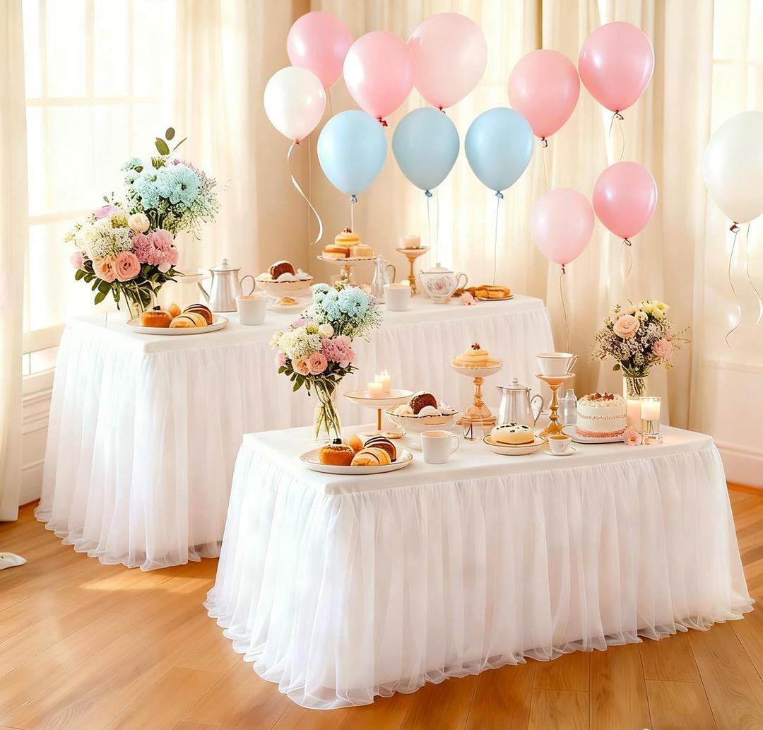 2-Pack White 2-in-1 Tulle Tablecloth for 6-Foot Rectangular Table Stretch Fitted Table Skirt & Cover for Baby Shower, Bridal, Birthday, Princess Party