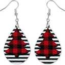 Black and White Stripe Christmas Tree Teardrop Earrings - Buffalo Plaid Christmas Tree Earrings