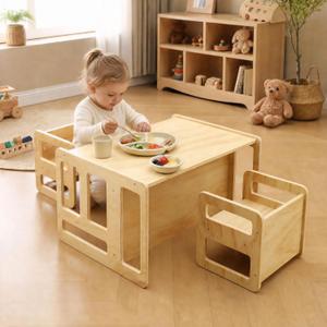 Montessori Weaning Table and 2 Chairs Set, Plywood Children’s Play Table for Home, Preschool, Daycare, Easy to Clean,Natural, 19.69 x 27.56 x 15.75 inches