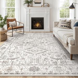 Area Rugs 8x10 for Living Room - Washable Soft Large Vintage Rug Non-Slip Stain Resistant Traditional Stain Resistant Indoor Floor Low Pile Carpet for Bedroom Dining Room or Home Office - White