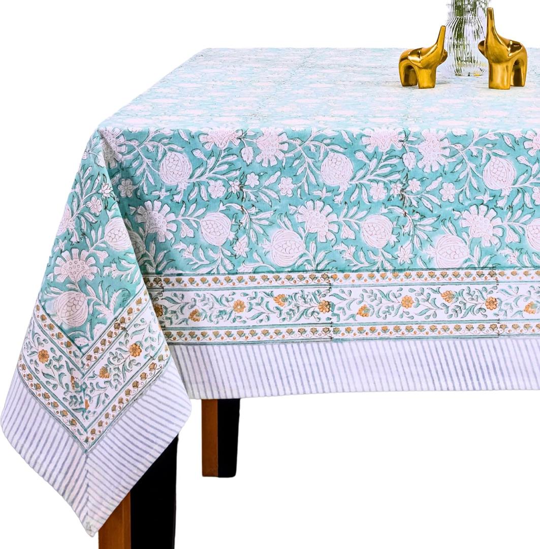 Hand Block Print Tablecloth - Table Cloths for 6 Foot Rectangle Tables, 100% Cotton, 60 x 90 Inches: Green, Floral Design - Ideal for Dining, Kitchen, Holiday, Party, Farmhouse, Outdoor