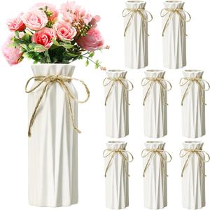 Qinyoung White Ceramic Bud Vase Set of 8, 8'' Small White Flower Vase for Centerpieces, Modern Floral Decor for Wedding Party Dining Table Home Decoration (Classic)