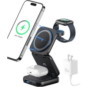 Wireless Charger for Magsafe, AC Island 5-in-1 Charging Station, 15W Max Fast Magnetic Foldable Stand, Evolved 3 in 1 Portable for iPhone 16/15/14/13 Series, Apple Watch S1-9/Ultra (with 35W Adapter)