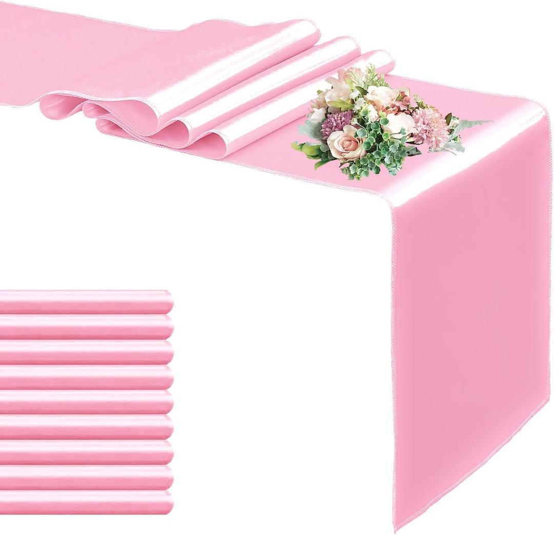 10 Pack Satin Table Runner 12 x 108 Inch Long,Satin Silk Table Runner for Wedding,Birthday Party and Banquet Decoration,Pink