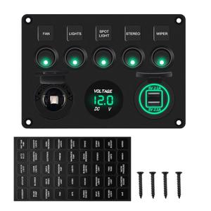 Geloo 5 Gang Rocker Switch Panel for Boat, 12V Marine Switch Panel Waterproof, Aluminum Toggle Switches Panel with 4.2A USB Port Digital Voltmeter for Boat Car RV Truck (Green)