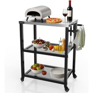NUUK 3-Shelf Outdoor Dining Table 16" x 24" Rolling Outside Food Prep Movable Kitchen Worktable with Stainless Steel Top and Wheels for Grill Cart