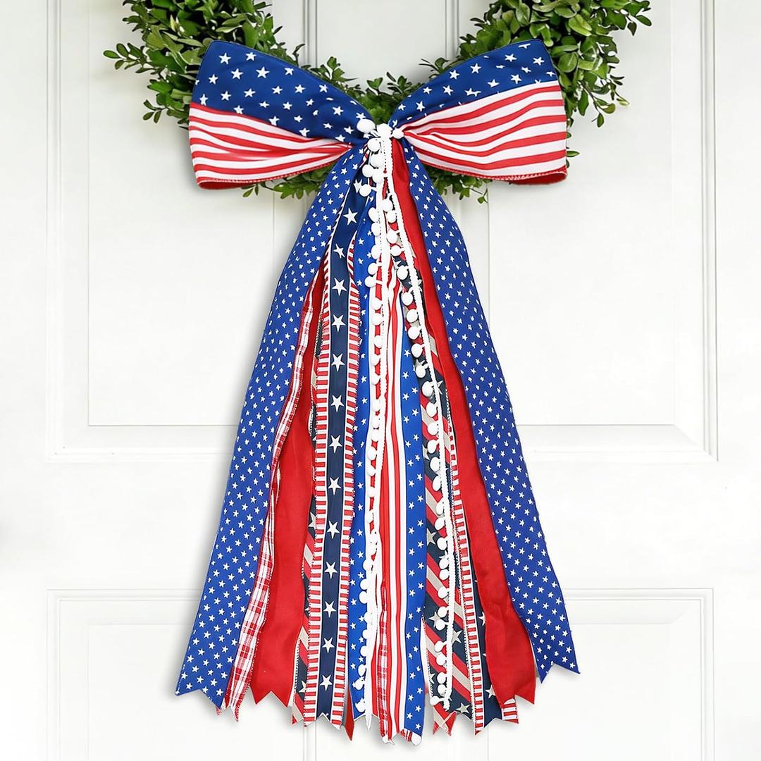4th of July Decorations - Patriotic Wreath Sash Bow 27x13 Inch - Memorial Day Decor - American Flag Ribbon Bow for Front Door - Fourth of July 250th Anniversary Patriotic Decoration for Indoor Outdoor