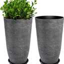 QCQHDU Large Tall Dark Gray Planters Set of 2-9 Gallon 12" Round Outdoor Planters for Front Door & Patio, Faux Stone Indoor Plant Pots with Tray, Porch Decor Plant Containers