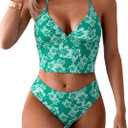 Floerns Women's Floral Print Halter Neck Tankini Top Two Piece Bathing Swimsuit (Medium, Green)