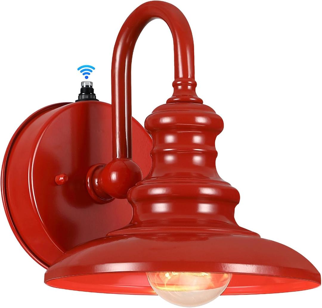 LONEDRUID Dusk to Dawn Sensor Outdoor Gooseneck Barn Light Fixtures Red Exterior Wall Sconce Lighting Rustic Outside Porch Lantern Farmhouse Wall Mount Lamp for House Garage Patio