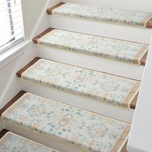 RORA Bullnose Carpet Stair Treads Non-Slip Stair Treads for Wooden Steps,Washable Stair Carpet,Floral Stair Rugs,Runner Indoor Stair Mats for Pets Elder,14pcs,29.5 ''x9.5 x1.5 '',Beige