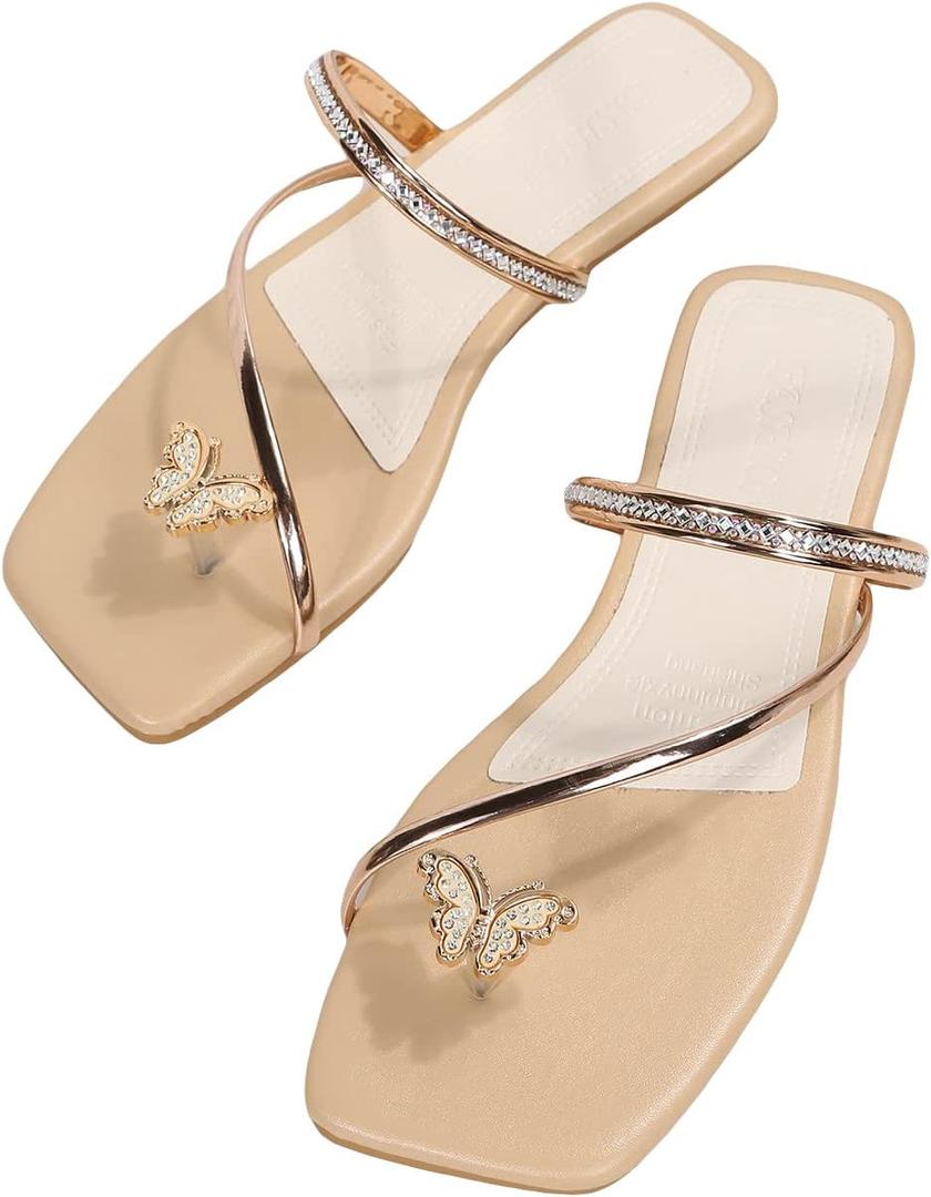 GORGLITTER Women's Metallic Rhinestone Butterfly Flat Sandals Dressy Square Open Toe Slip On Slide Summer Sandals, Size 40