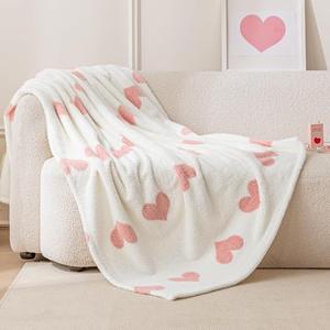 Amazon Basics Fleece Throw Blanket, Reversible Decorative Hearted Pattern for The Bed, Couch and Sofa, 50" W × 60" L, Pink Heart