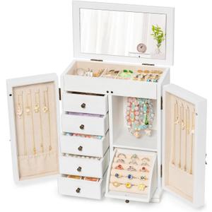 Jewelry Box Organizer, Farmhouse Wooden Jewelry Boxes for Women Girls, 6 Layer Jewelry Case Storage with Bracelet Holder Display Hooks for Necklaces Earrings Rings Bracelets (Weathered White)