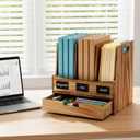 Wood File Organizer for Desk, 3-Section Vertical Folder Holder with Drawer, Upright Binder Rack Stand with Chalkboard Label, Tabletop Magazine Document Sorter for Office Home