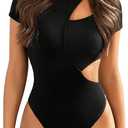 Milumia Women's Crew Neck Short Sleeve Cut Out Bodysuit T Shirt Leotard Tops (Black, S)