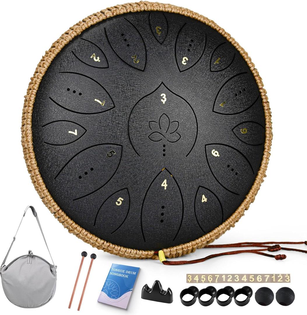 Steel Tongue Drum 13 Inches 15 Notes, Hand Pan Drums for Adults 440hz, C Major Handpan Musical Instrument with Song Book, Mallets and Carry Bag, Black