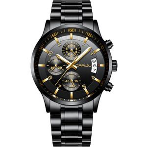 CRRJU Men's Fashion Stainless Steel Watches Date Waterproof Chronograph Wristwatches,Black Steel Band Waterproof Quartz Watch for Men
