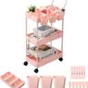 danpinera Slim Storage Cart, 3 Tier Narrow Rolling Cart on Wheels Bathroom Organizer with Dividers Handle Hanging Cups Hooks for Laundry Room Kitchen Small Spaces, Pink