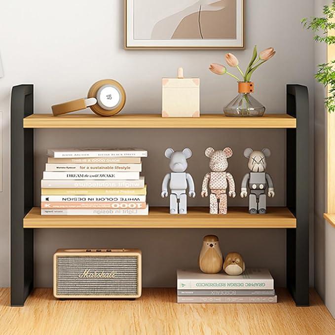 Office Desk Shelf Organizer, Wood Desktop Bookshelf Supplies Storage Rack, Shelf for Top of Desk and Dresser and Cubicle Decor Aesthetic Bookshelf (Black Wood, Two Tier 19.69 Lx7.87 Wx15.16 H)