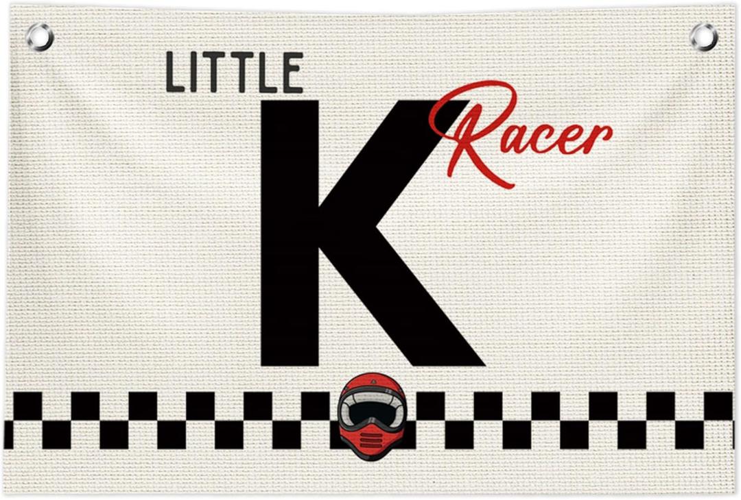 Toddler Boy Room Wall Decor,Name Sign Banner for Personalized Baby Boy Christmas Gifts,Little Racer Canvas Banner for Nursery Toddler Little Boy Bedroom Playroom,Initial K Gift,20x30 in